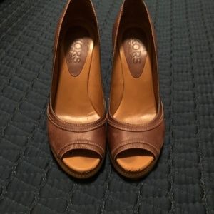 KORS Michael Kors Shoes - Kors by Michael Kors Leather Peep Toe Wedges KORS Michael Kors Shoes - Kors by Michael Kors Leather Peep Toe Wedges